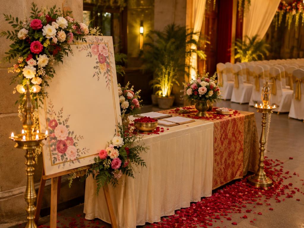 Floral guest welcome desk with brass lamps and rose petals
