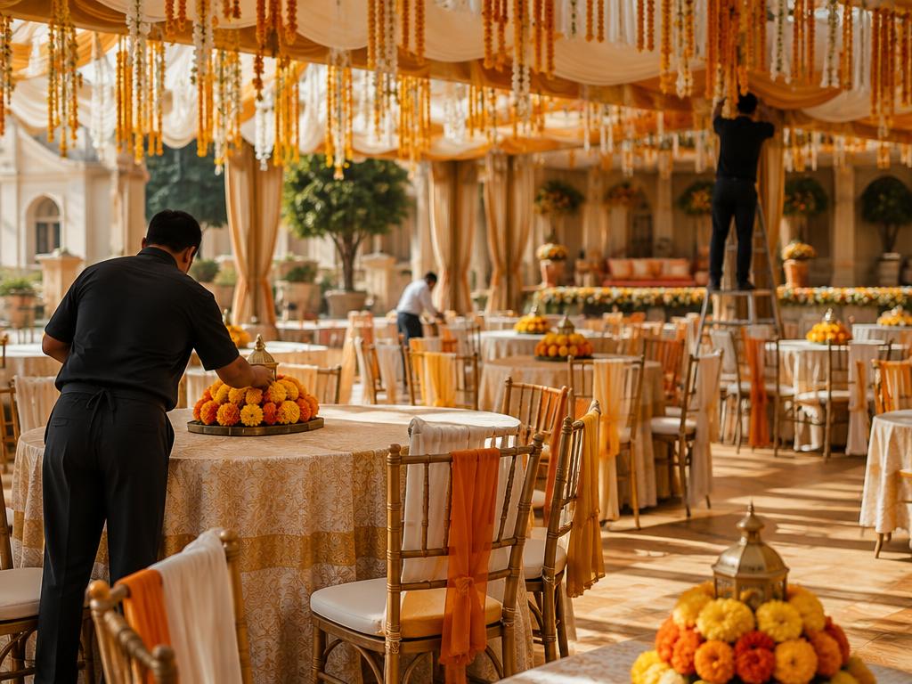Banquet tables with marigold centrepieces being arranged at a venue