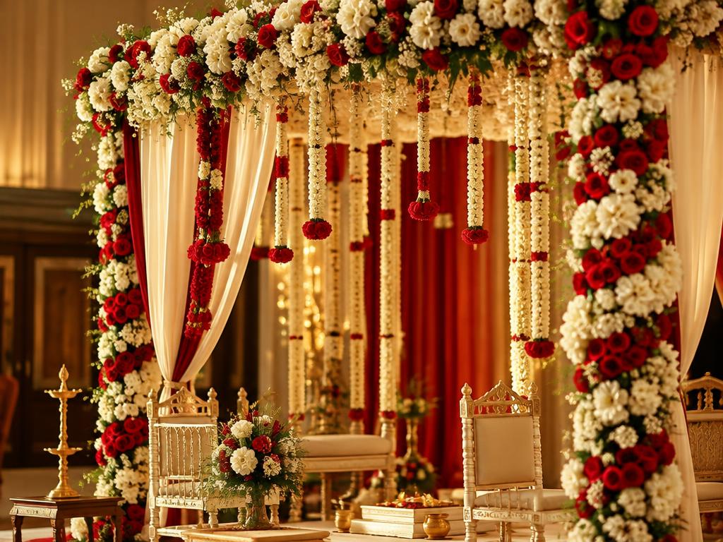 Indian wedding mandap decorated with red and white flowers