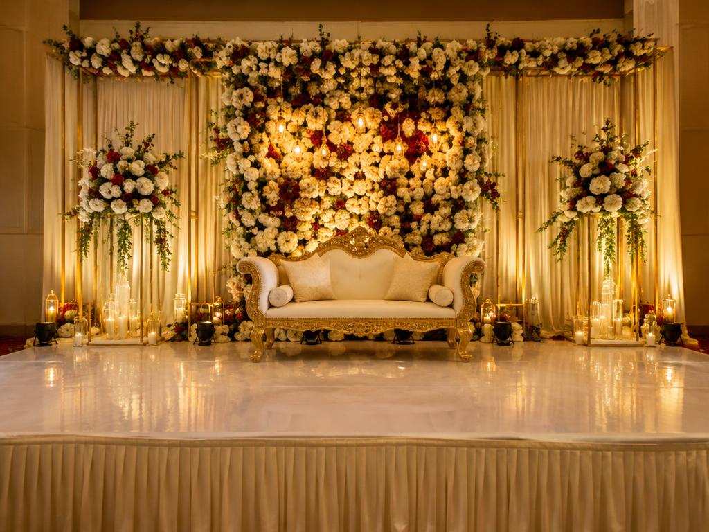 Elegant reception stage with floral backdrop